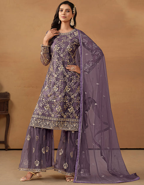modern old lavender net heavy designer wedding wear net salwar suit with old lavender net df-177-7703 Close-up View